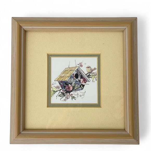 Wall Art Set 2 Prints Matted Wood Frame Glass Cover Birdhouses Flowers 7x7 - Picture 4 of 9